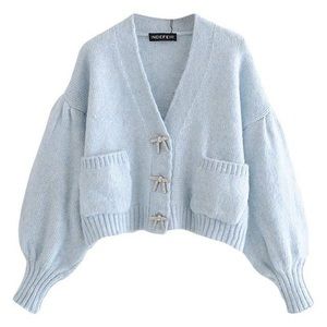 Rhinestone bow cropped baby blue puff sleeve cardigan sweater